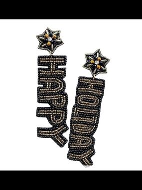 Sea-Beaded 'Happy Holiday' Statement Earrings - Black & Gold
